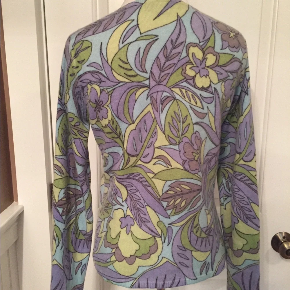 KINROSS SWEATER CASHMERE CREWNECK PURPLE BLACK YELLOW GREEN FLORAL SMALL